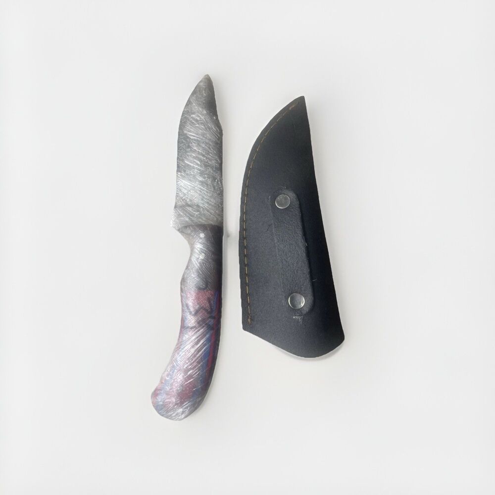 Handmade Fixed Blade Knife Red Blue Resin Handle w/ Leather Sheath – Full Tang